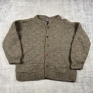Vtg Handknit Sweater Womans XL Brown Chunky Wool Cardigan Patchwork Handmade